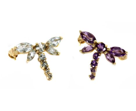 A pair of 9ct gold gem set aquamarine and amethyst dragonfly brooches, one claw set with round and pear mixed cut aquamarines