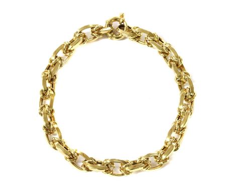 A 14ct gold hollow link bracelet, hollow oval chevron section links with hollow wire wrapped ends, to bolt ring clasp, Birmin