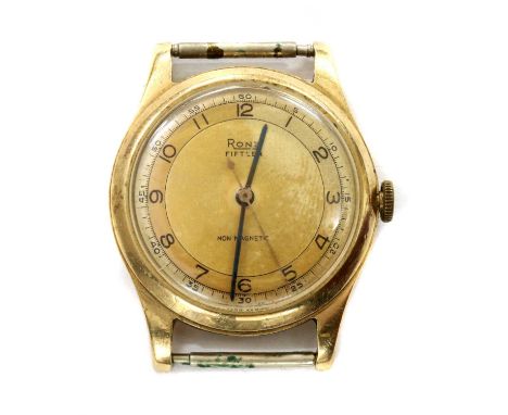 A mid-size Rone 9ct gold mechanical watch, 30mm diameter, with black Arabic numerals, blued hands and centre second sweep, ma