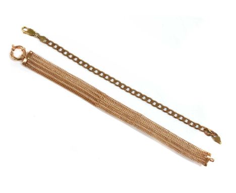 A 9ct rose gold curb link bracelet, with later yellow gold side lever clasp, Sheffield, 195mm long, together with a 9ct rose 
