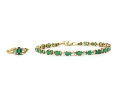 A 9ct gold emerald and diamond bracelet, oval mixed cut emeralds, approximately 5 x 3mm, claw set to articulated collets with