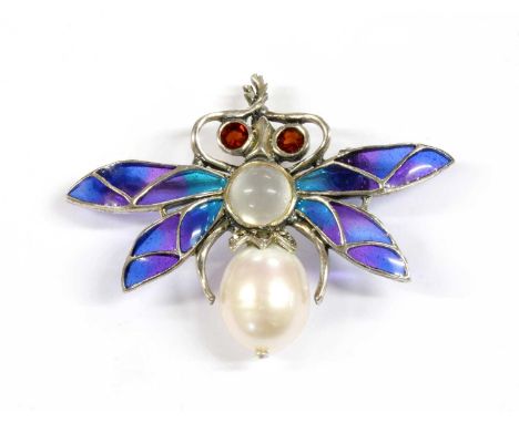 A silver plique-à-jour enamel and assorted gemstone bee brooch/pendant, a cultured freshwater pearl abdomen, with a bell cap 