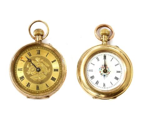 A gold pin set open-faced fob watch, 33mm diameter, with a white enamel dial with polychrome decoration to the centre, black 