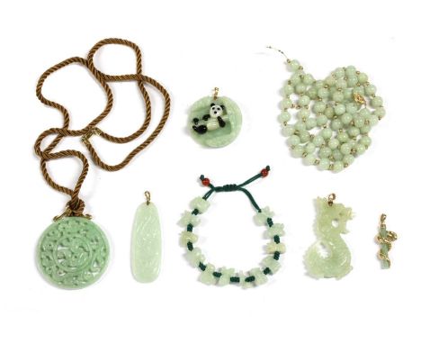 A quantity of jade jewellery, to include a single row uniform jade bead necklace with gold spacer beads, tested as approximat