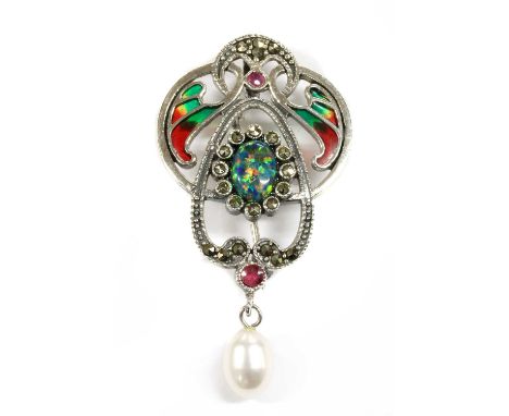 A silver plique-à-jour enamel and assorted gemstone brooch/pendant, an oval cabochon synthetic opal to the centre, with surro