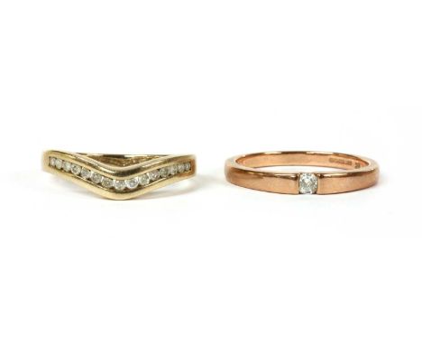 A 9ct rose gold single stone diamond ring, hallmark worn, together with a 9ct gold diamond set wishbone ring, London, 5.82g t