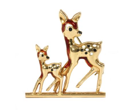 An Italian gold and enamel deer and fawn brooch, with pin and roller catch, marked 750, tested as approximately 18ct gold, 34