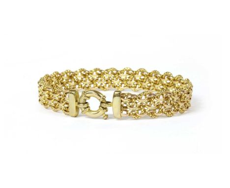 A 9ct gold fancy Bismark link bracelet, plain polished Bismark links woven with popcorn link chain, to jumbo bolt ring, Sheff