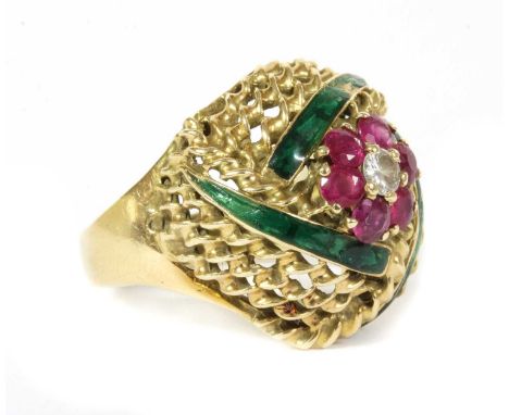 An Austrian gold diamond, ruby and enamel bombé ring, a brilliant cut diamond and ruby cluster, claw set to the centre of the