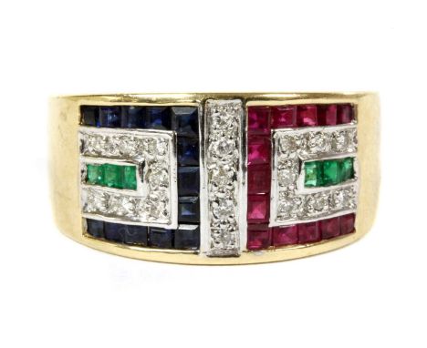 A 9ct gold ruby, sapphire, emerald and diamond ring, of geometric design, channel set with square step cut rubies, sapphires 