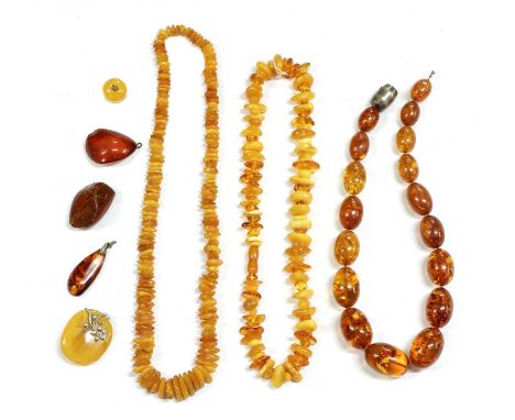A quantity of amber jewellery, to include a Russian silver amber ring, marked 875, a Russian silver amber brooch, marked 875,