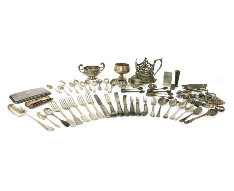 A quantity of silver and silver plate, to include a quantity of flatware, a hollow desk seal with vacant matrix, London 1905,