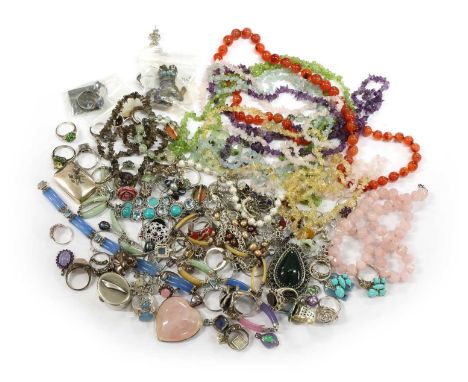 A quantity of silver jewellery, to include a synthetic spinel ring and matching earrings, an iolite line bracelet, an ametrin