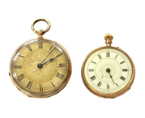 A gold key wound open-faced fob watch, 39mm diameter, with a gold engine turned dial, black Roman numerals and blued spade ha