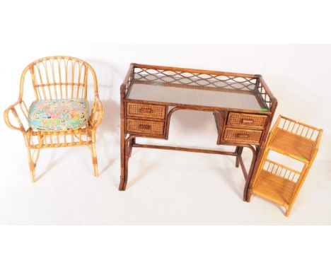 20th century bamboo writing table desk with inset glass top over a rattan weave top. Series of drawers flanked by open kneeho