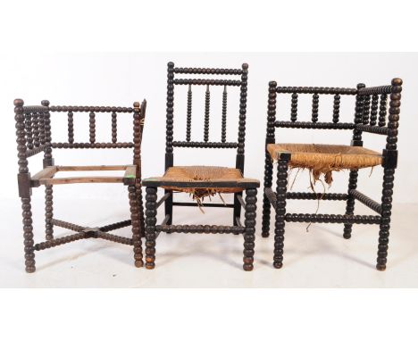 William &amp; Mary revival 19th century bobbin turned hall and two corner armchairs. AF. Having an bobbin turned ebonised oak