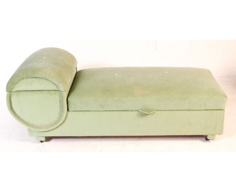 Art Deco 20th century velour upholstered chaise longue - day bed. The chaise with barrel head rest with hinged top next to fu