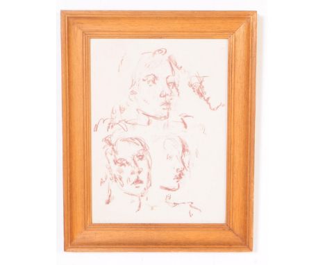 A vintage 20th century drawing sketch portrait study. Depicting three human faces in abstract. Signed bottom right. Framed an