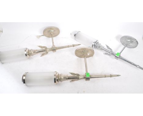 A matching set of three vintage frosted glass wall sconce lamp lights. Each with chrome metal construction, with concentric c