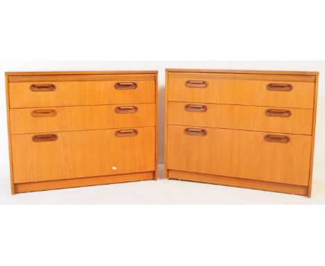 William Lawrence - Two mid century teak beside chest of drawers. Rectangular form with bank of three graduating drawers, rais