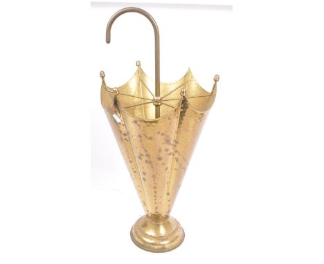 An early 20th century Art Deco brass umbrella stand. The stand in the form of a downwards umbrella, sat on a rounded brass ba