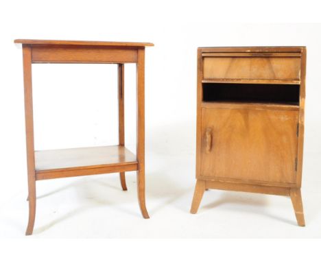 An early to mid century oak wood side table together with an art deco walnut veneer bedside cabinet. Two tier side table rais