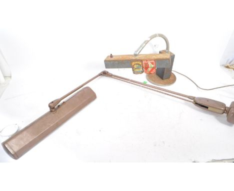 A pair of 1940s industrial rolled stainless steel bankers desk machinist lamp by 'Allen' &amp; 'RS'. Fluorescent&nbsp;bench l