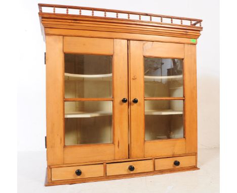 A Victorian 19th century country pine hanging wall cabinet dresser . Having chamfered top with turned spindle gallery, twin g