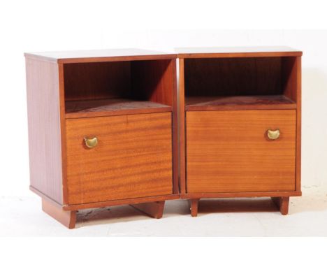 Avalon - A pair of mid 20th century Avalon Yatton teak veneer bedside tables / cupboards. The cupboards of squared form, with