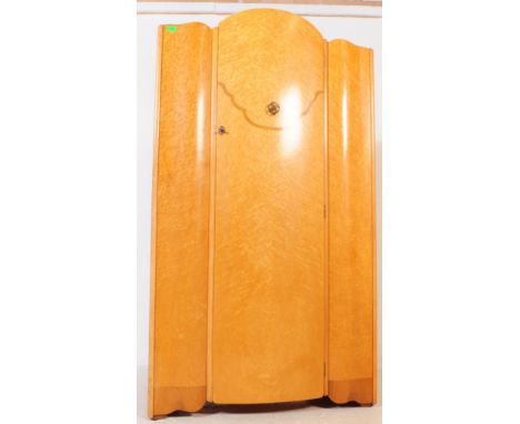 A vintage early 20th century circa 1930s Art Deco birds eye maple bachelors compact wardrobe free standing closet. Having sha