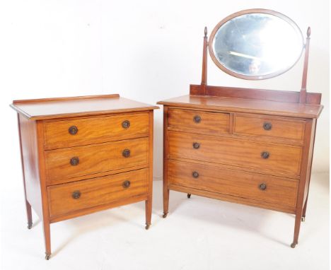 An Edwardian mahogany inlaid chest of drawers and matching dressing table chest. Both raised on squared legs with a series of