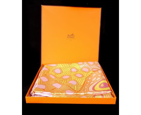 Hermes - A Grand Fonds fish silk scarf, designed by Annie Faivre, 1992, Hermes presentation box and Hermes Paperweight patter