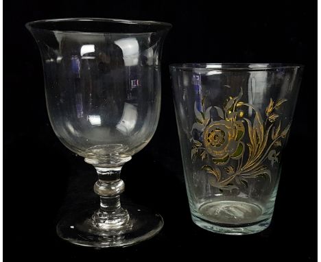 A Continental engraved glass beaker, 18thC, decorated with a rose and foliate picked out in green and gilt enamel; and a late