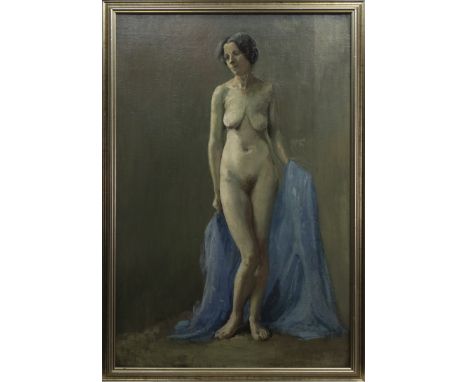 * JOHN BULLOCH SOUTER (SCOTTISH 1890 - 1972), THE BLUE DRAPE oil on canvas 90cm x 60cm Framed. Note: includes a preparatory s