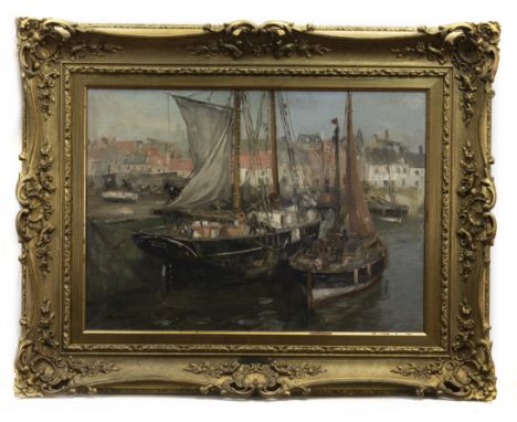 * EUGEN DEKKERT (GERMAN 1865 - 1956), ST MONANS HARBOUR oil on canvas, signed 56cm x 78cm Framed. Note: Eugen Dekkert was gen