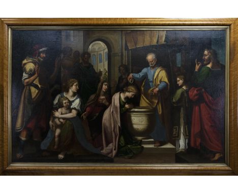 BRITISH SCHOOL (19TH CENTURY), OLD MASTER BAPTISM SCENE oil on canvas image size 98cm x 155cm, overall size 114cm x 172cm Fra