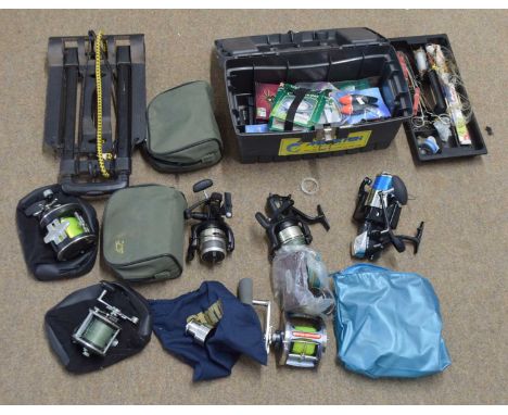 Mixed lot of fishing related items to include reels, line, tools etc