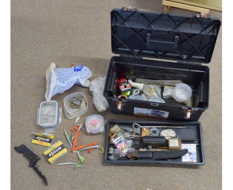 Tool box with large quantity of fishing related items including reel line, tools, lead weights, floats etc