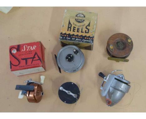 Quantity of five fishing / fly fishing reels to include Star anglers reel #156 nikko sangyo co. ltd in original cardboard box