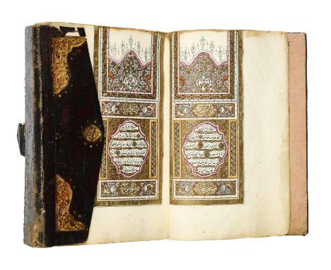 AN OTTOMAN QUR'AN, TURKEY, 19TH CENTURY Arabic manuscript on burnished paper, 316 folios with four fly leaves, each folio wit