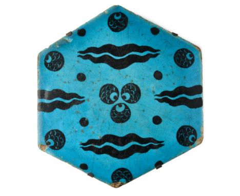 A LARGE DAMASCUS HEXAGONAL TILE, OTTOMAN SYRIA, 1550-1600 underglaze painted fritware, the cintamani and tiger stripe design 