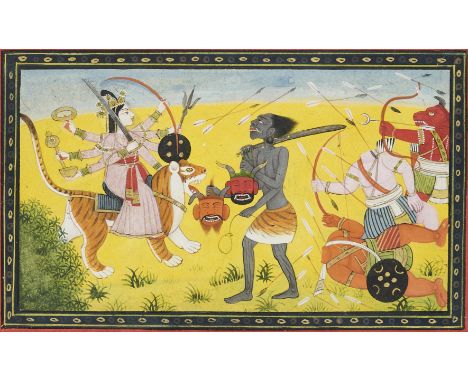 A PAHARI DEVIMAHATMYA SCENE, NORTH-WESTERN INDIA, FIRST HALF 19TH CENTURY gouache with gold on paper, depicting the eight-arm