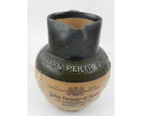 A 19th century Doulton Lambeth stoneware hunting jug, advertising John Dewar & Sons Distillers, Perth, Scotland. H.17cm