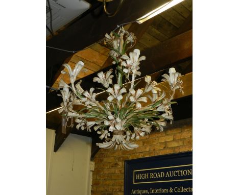 In the mid 20th century Italian style, a wrought iron six light electrolier, fashioned as a bouquet of flowers. H.64cm