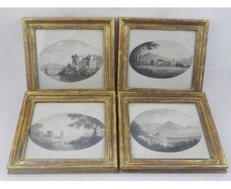 Four 19th century monochrome watercolours, rendered in the picturesque genre of Romantic architectural landscapes, within car