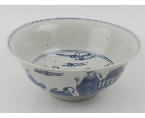 A Chinese blue and white porcelain bowl, of ogee form, decorated figures amongst stylised landscapes, bears seal mark to base