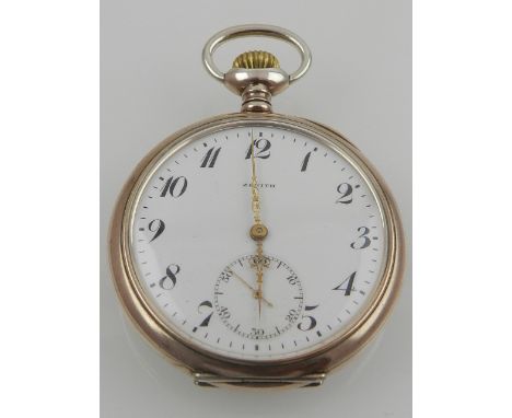 A Zenith silver cased keyless pocket watch, having a white enamelled Breguet dial with second subsidiary dial and outer minut