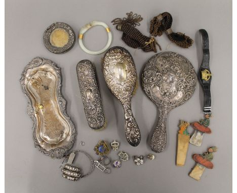 A small quantity of various silver items, costume jewellery, a jade bangle, etc.