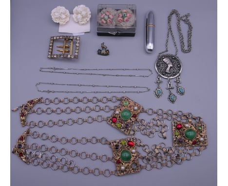 Two pairs of 1930's earrings, a 1960's necklace, two pearl and silver necklaces, etc.