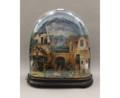 An antique automaton under dome with moving windmill, watermill steam train and rocking boat, plays two tunes. 48 cm high.